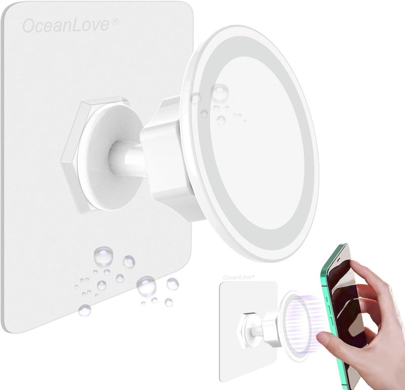 OCEANLOVE for MagSafe Wall Mount Magnetic Phone Holder, Self-Adhesive, 360 Rotatable, Waterproof, Compatible with iPhone 16/15/14/13/12,All Phones, Shower Mirror Car Glass Bathroom Kitchen (White) - Image 1
